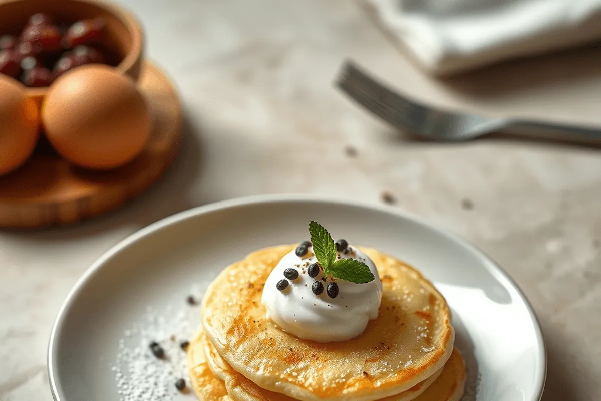 Blini rusos dorados y esponjosos servidos con crema agria y caviar en una bandeja de madera