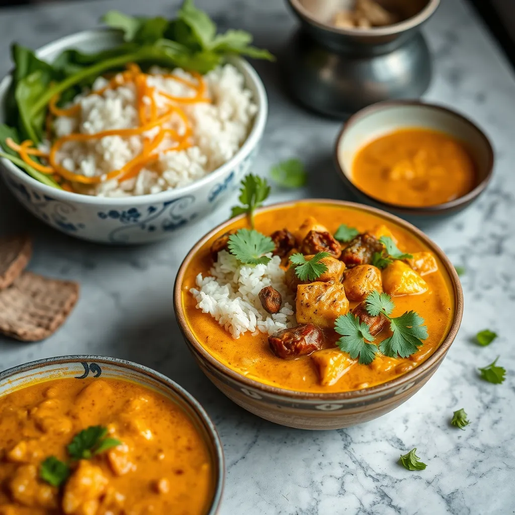 Curry Massaman de ternera servido en cazuela con arroz jazmín y cacahuetes tostados