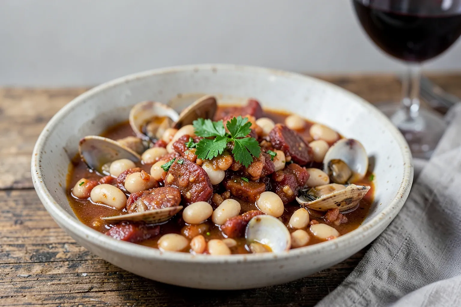 Estofado humeante de almejas abiertas, chorizo dorado y alubias blancas en un caldo rojo, servido en una cazuela de barro con pan crujiente al lado.