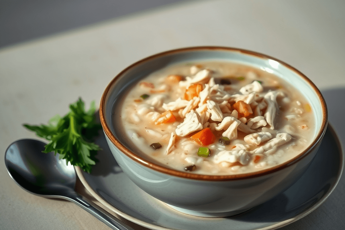 Cuenco de congee de pollo con cebollino y cilantro fresco, humeante y apetitoso