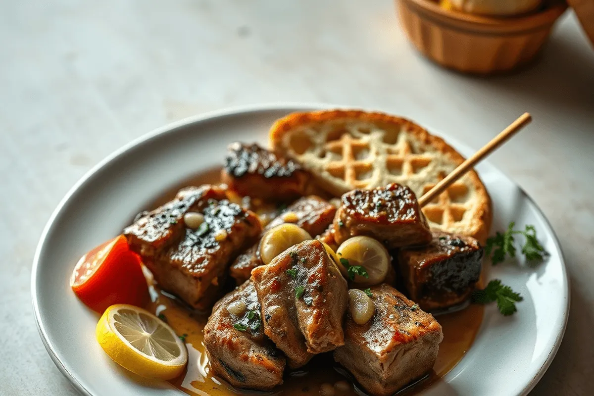 Brochetas de cordero souvlaki servidas con pan pita y salsa tzatziki
