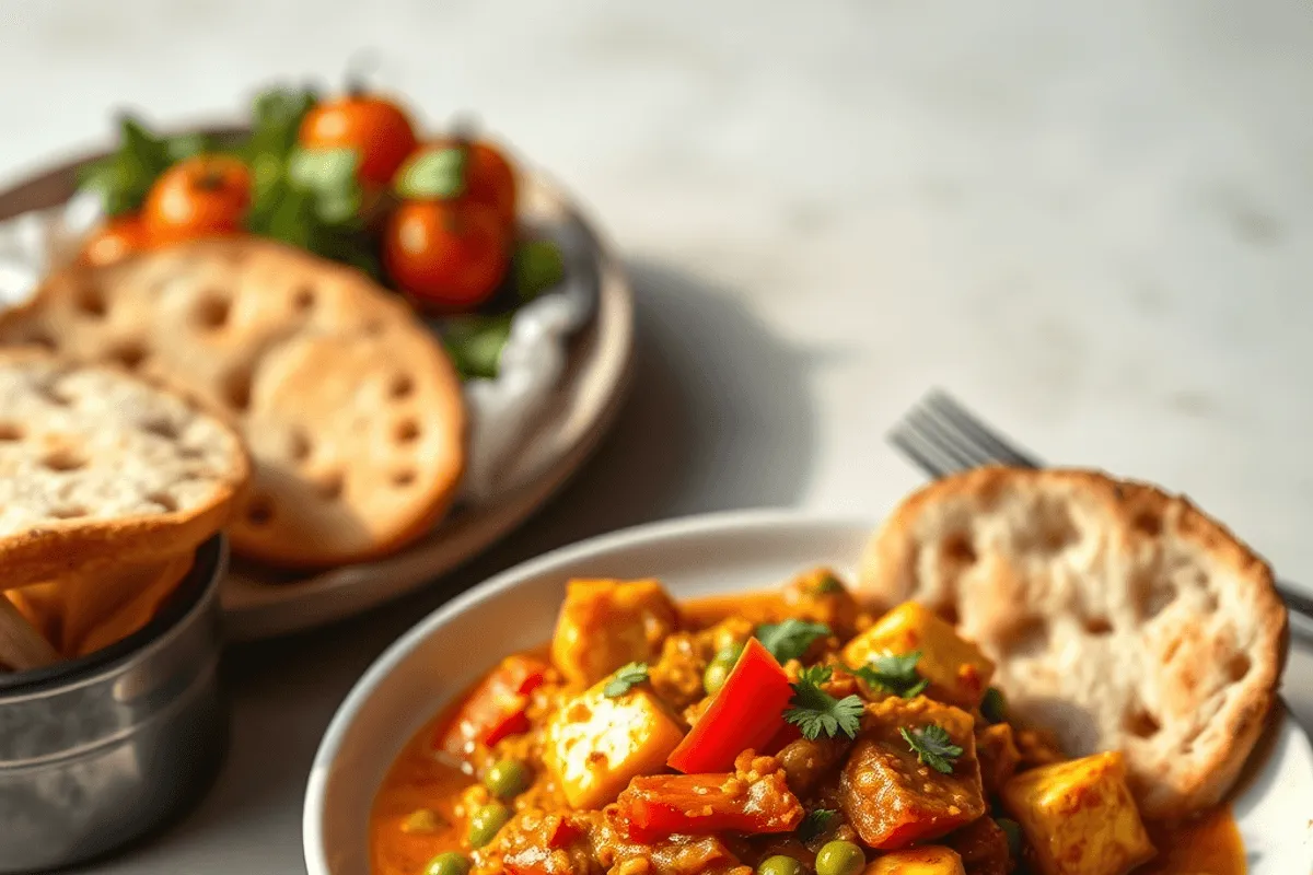 Cuencos de Matar Paneer con salsa de tomate y guisantes, decorados con cilantro fresco y acompañados de pan naan.