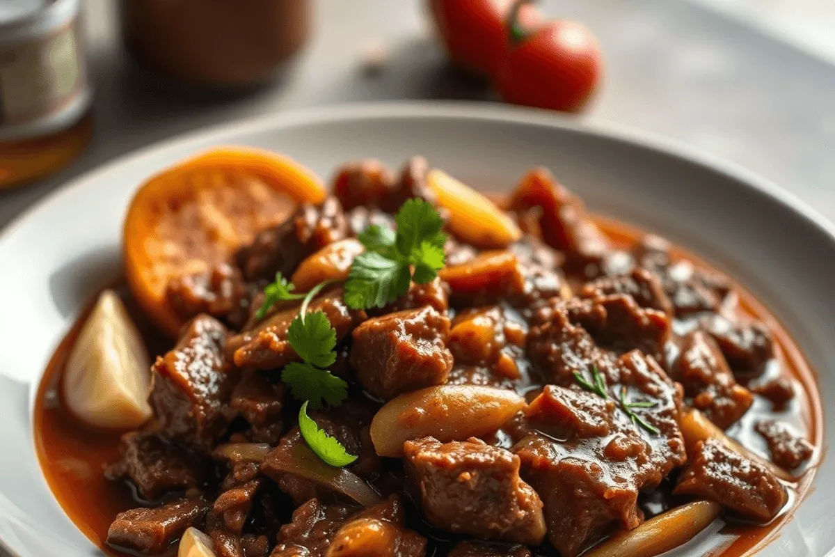 Plato de rabo de toro estofado en salsa oscura y brillante acompañado de habas verdes