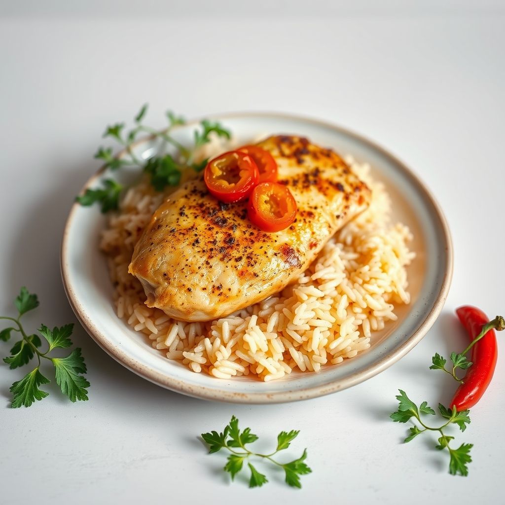 Pollo Basquaise al horno servido en cazuela con arroz, pimientos rojos, aceitunas negras y gajos de limón.