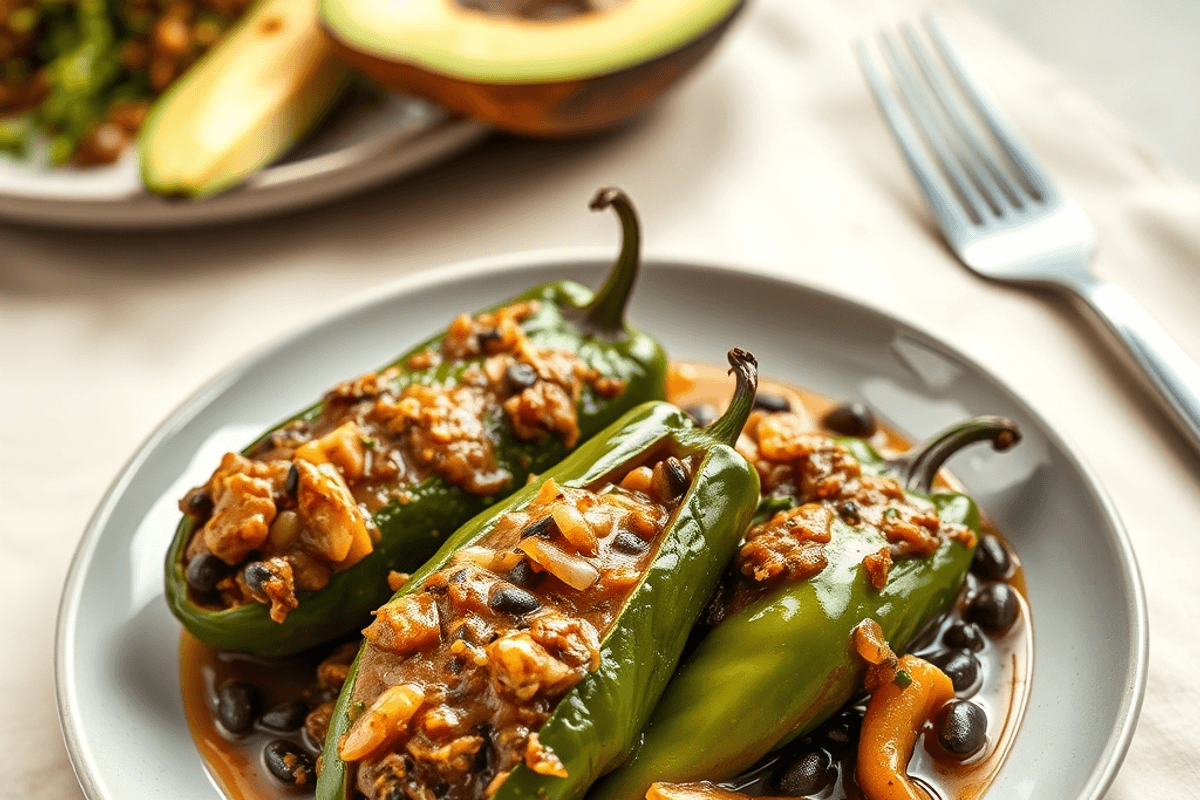 Pimientos verdes rellenos de quinua, frijoles negros y maíz, gratinados con queso y cilantro
