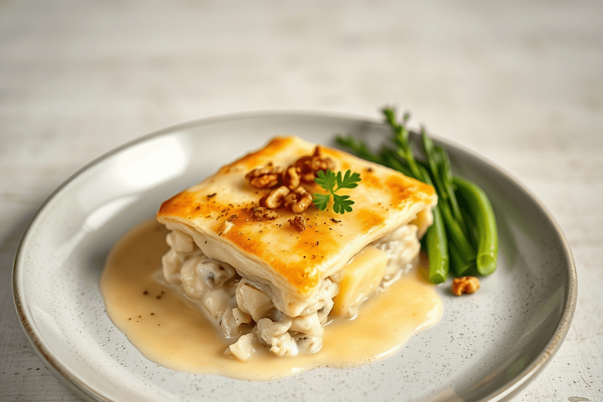Pastel de pescado británico con puré de patata dorado y crujiente.