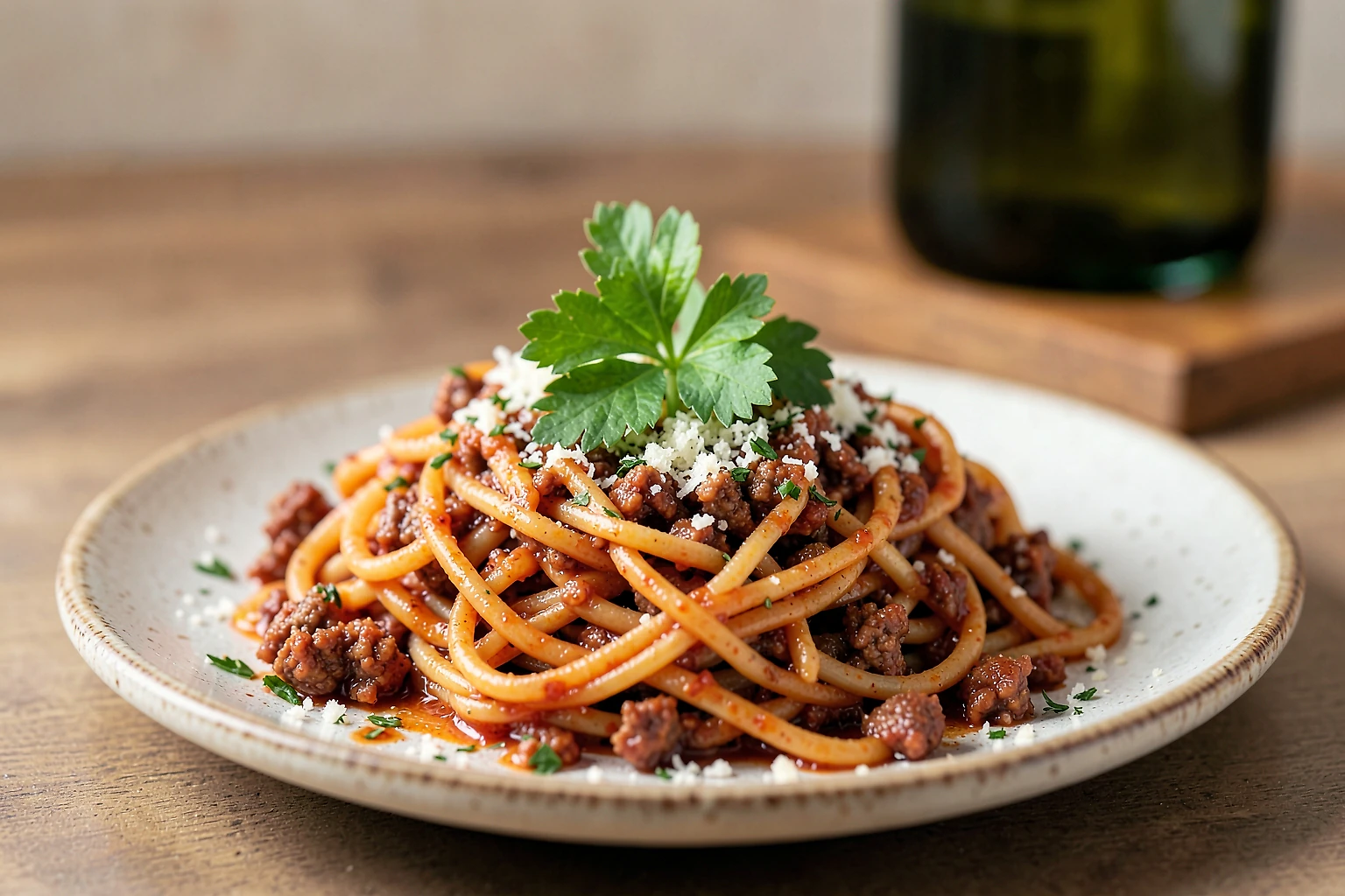 Espaguetis al estilo español con tiras de chorizo, pimientos rojos y perejil, servidos en un plato blanco con queso parmesano rallado