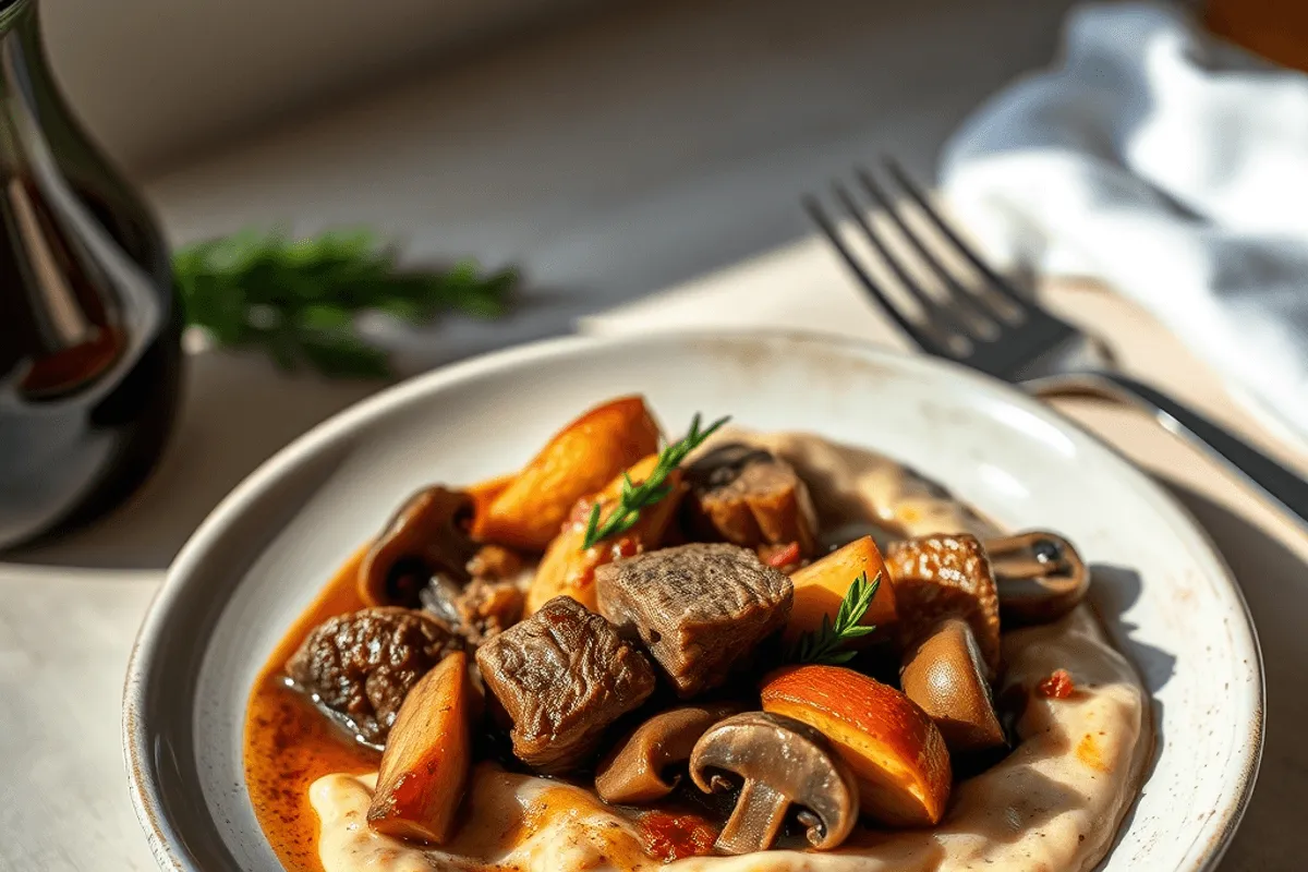 Plato de Bœuf Bourguignon servido con puré de apio nabo, decorado con hoja de laurel y hierbas frescas