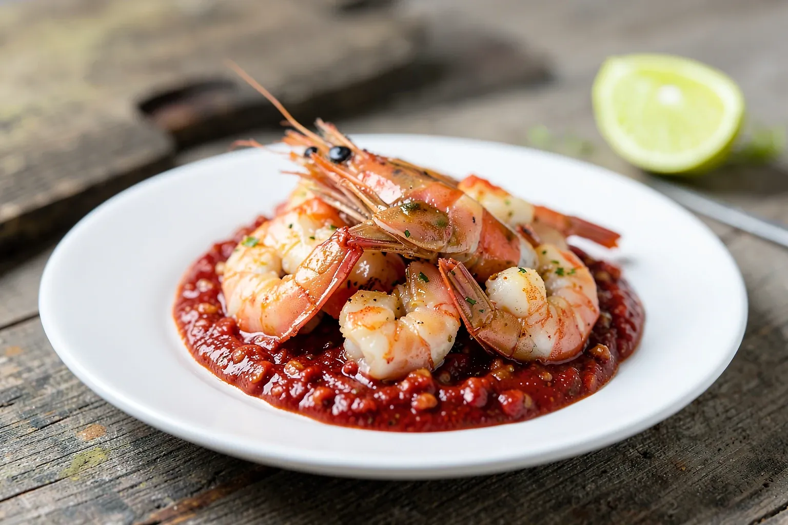 Plato de gambas tigre con salsa romesco de pimiento asado y frutos secos