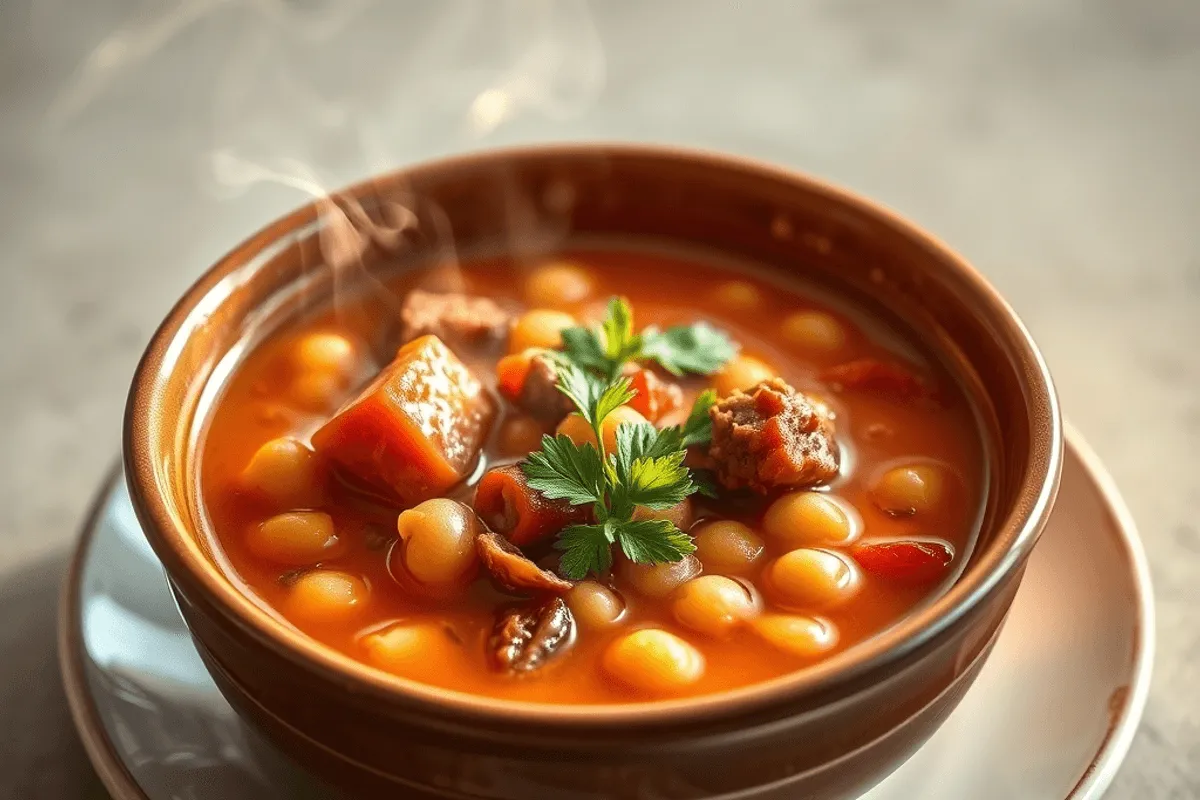 Cuenco de sopa de chorizo y garbanzos con repollo, servido con pan crujiente y humeante