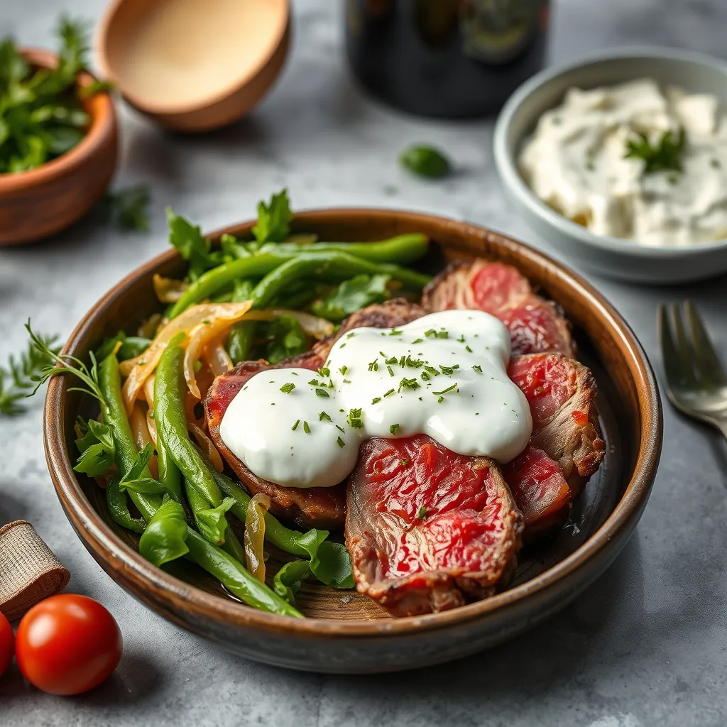 Lomo de cordero a la parrilla servido en pan pita con ensalada fresca y yogur de menta