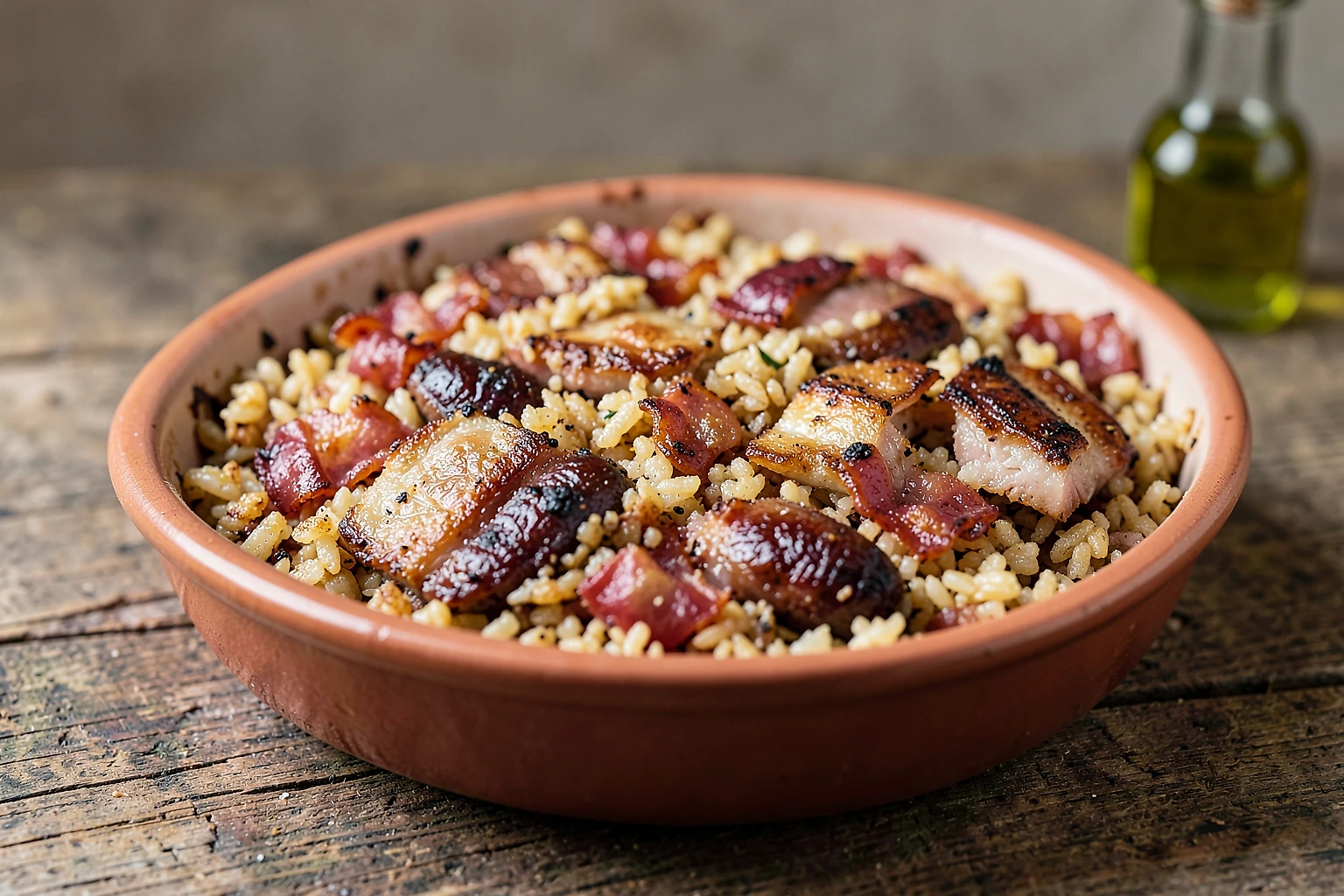 Arroz al horno con panceta, morcilla y bacon, servido en una cazuela de barro