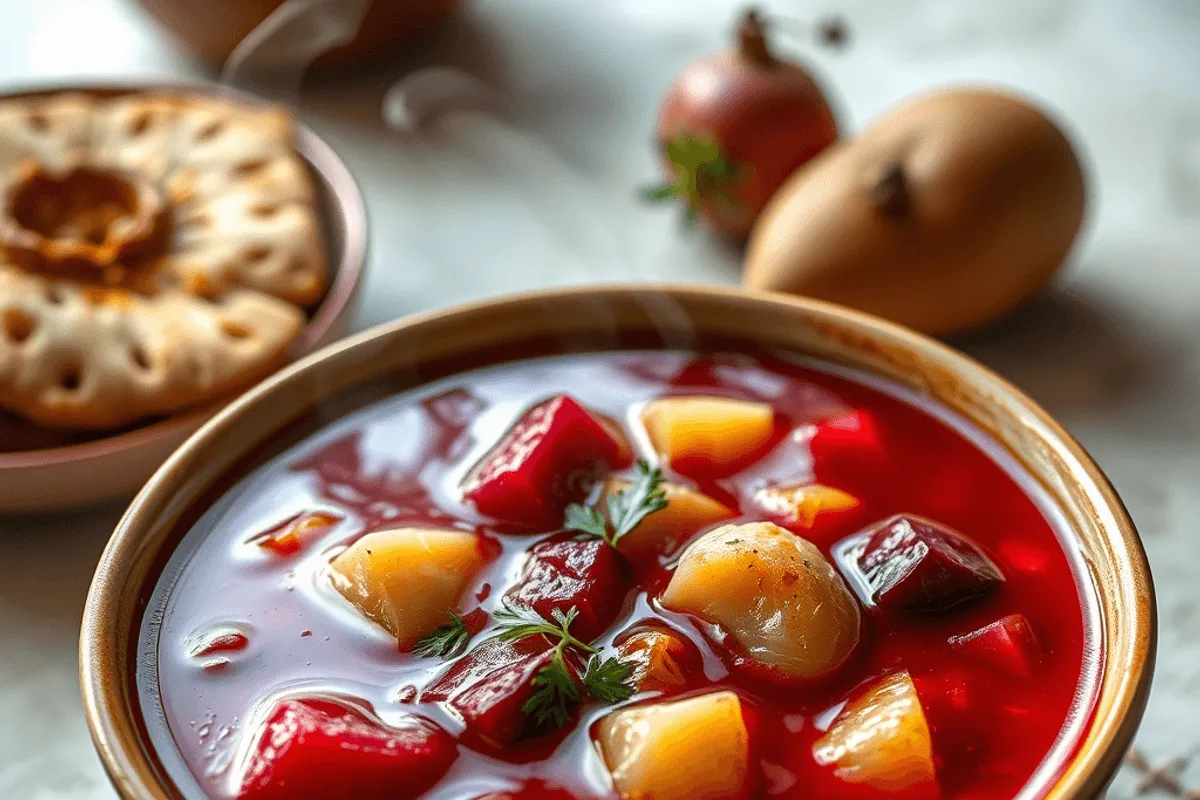 Sopa de remolacha roja intensa servida en un cuenco con eneldo verde