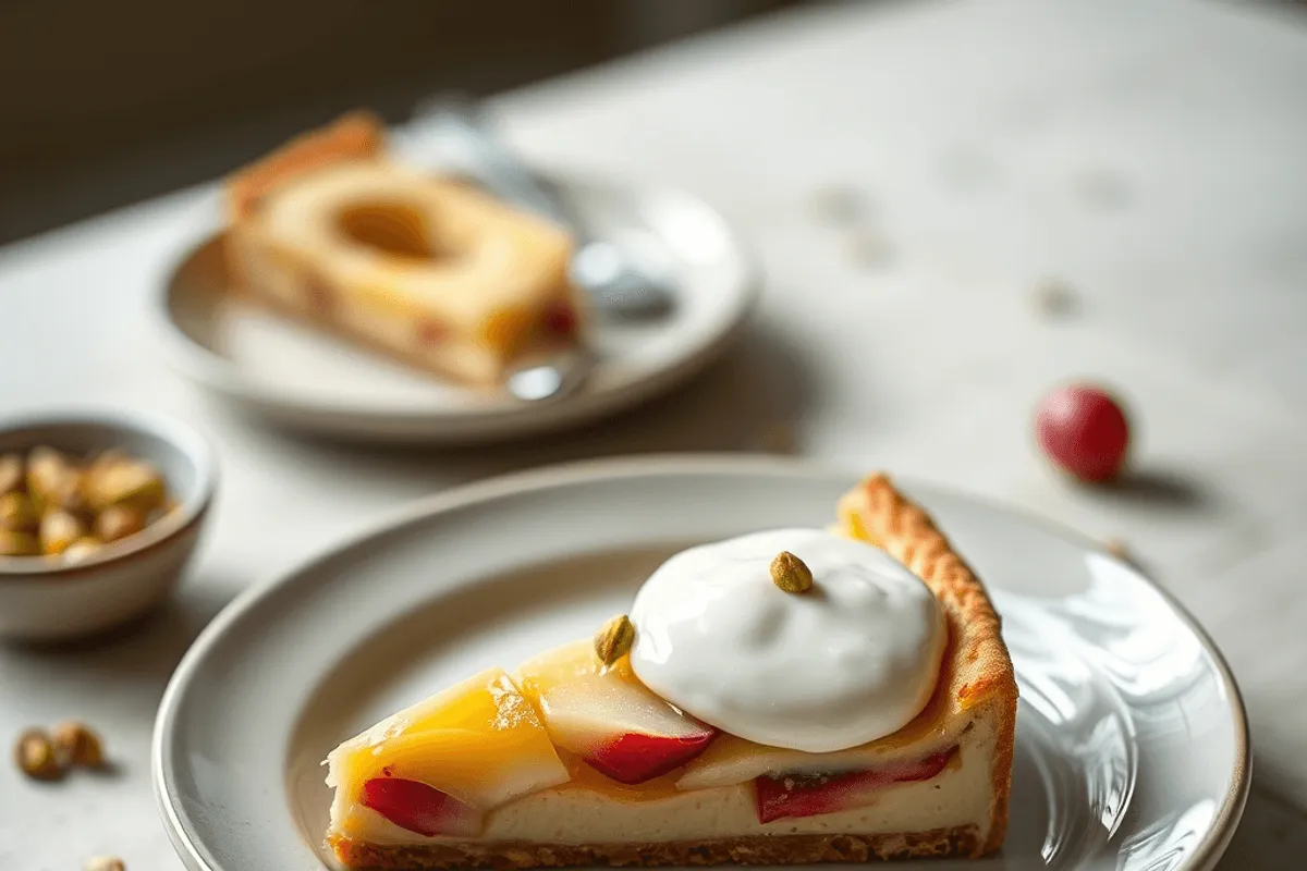 Tarta de pistacho y frambuesas con crema mascarpone, decorada con pistachos y ralladura de lima