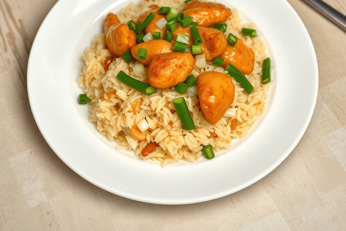 Plato de arroz frito con pollo, verduras y huevos, servido en una sartén con cebolleta fresca encima