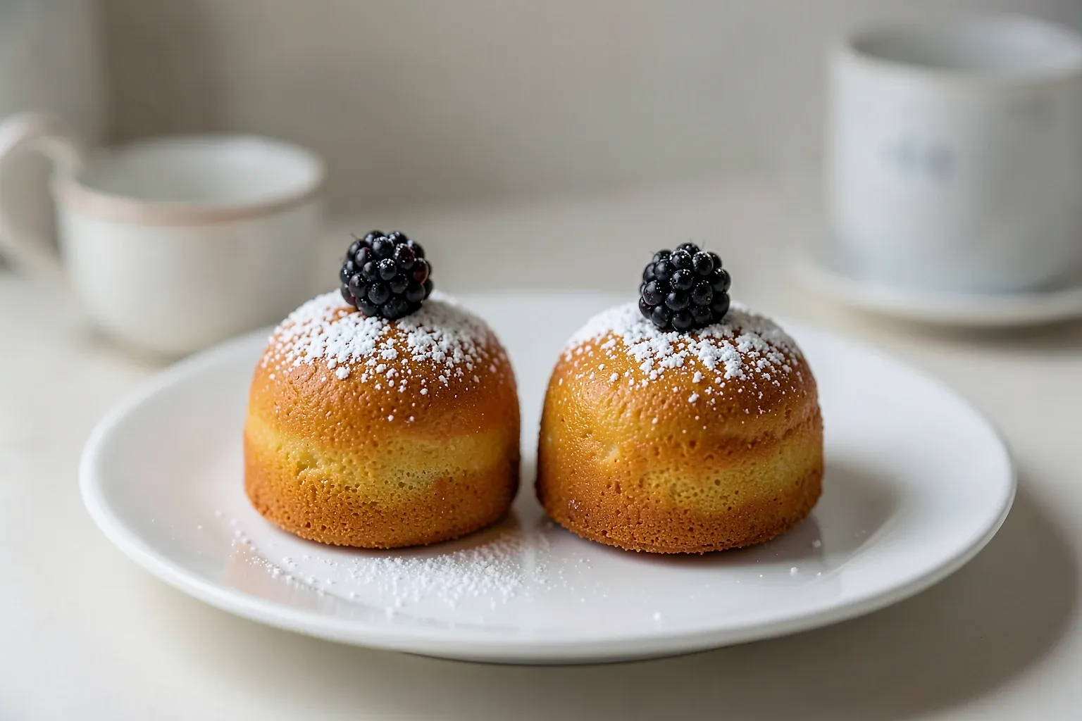 Friands de limón y moras recién horneados, con superficie dorada y azúcar glas espolvoreada