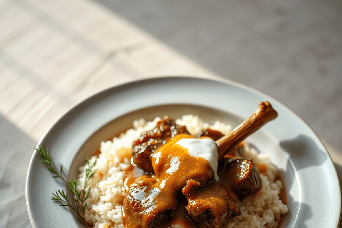 Fuente de horno con cordero, arroz y salsa de yogur dorada, listo para servir