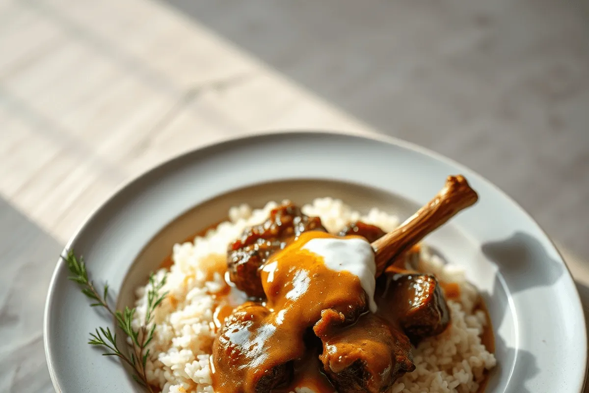 Fuente de horno con cordero, arroz y salsa de yogur dorada, listo para servir