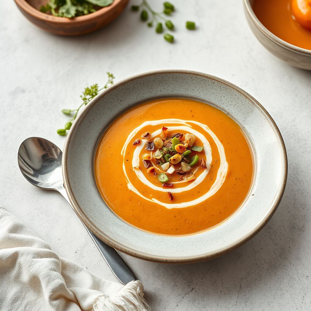 Sopa de zanahoria marroquí servida en cuenco con especias y limón