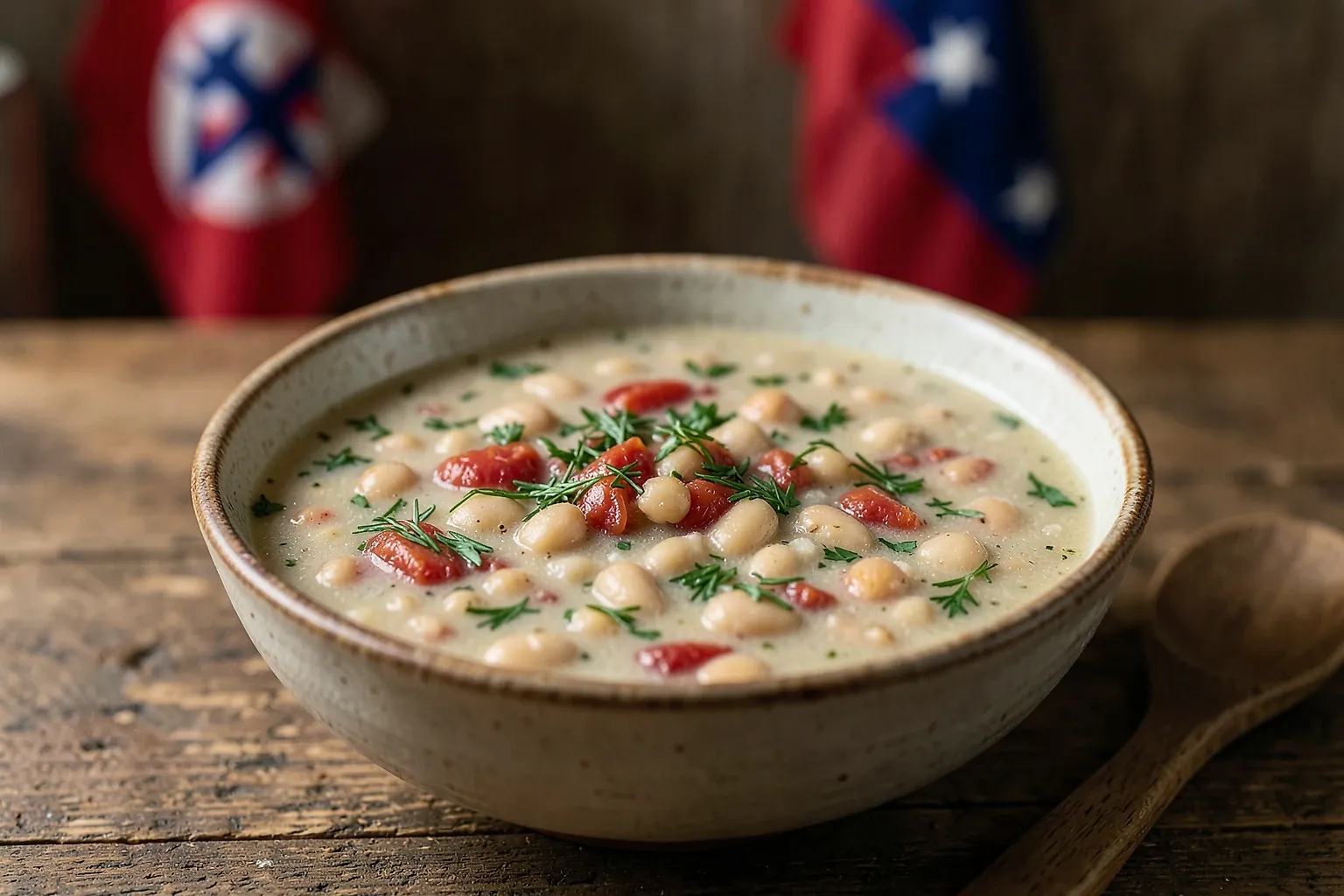Sopa albanesa de frijoles blancos con menta y perejil servida en cuenco
