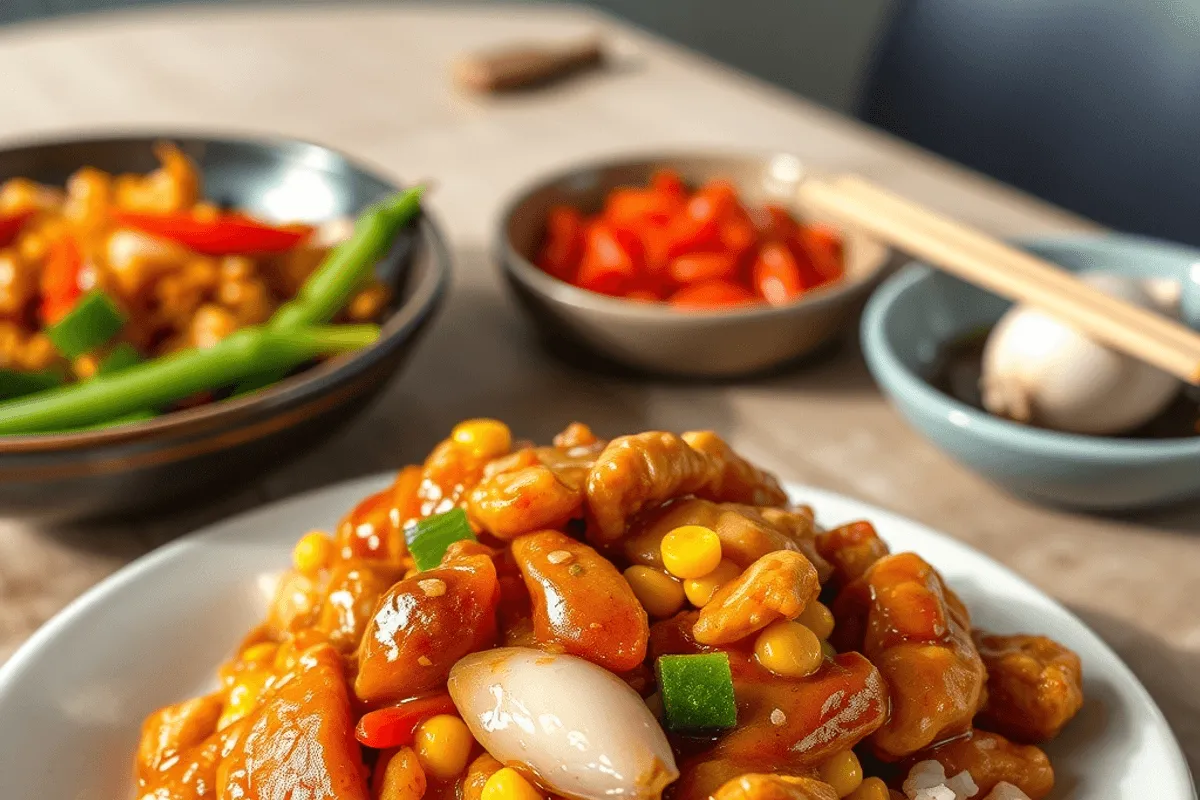Plato de Pollo del General Tso con trozos dorados bañados en salsa brillante rojiza y espolvoreado con cebolleta.
