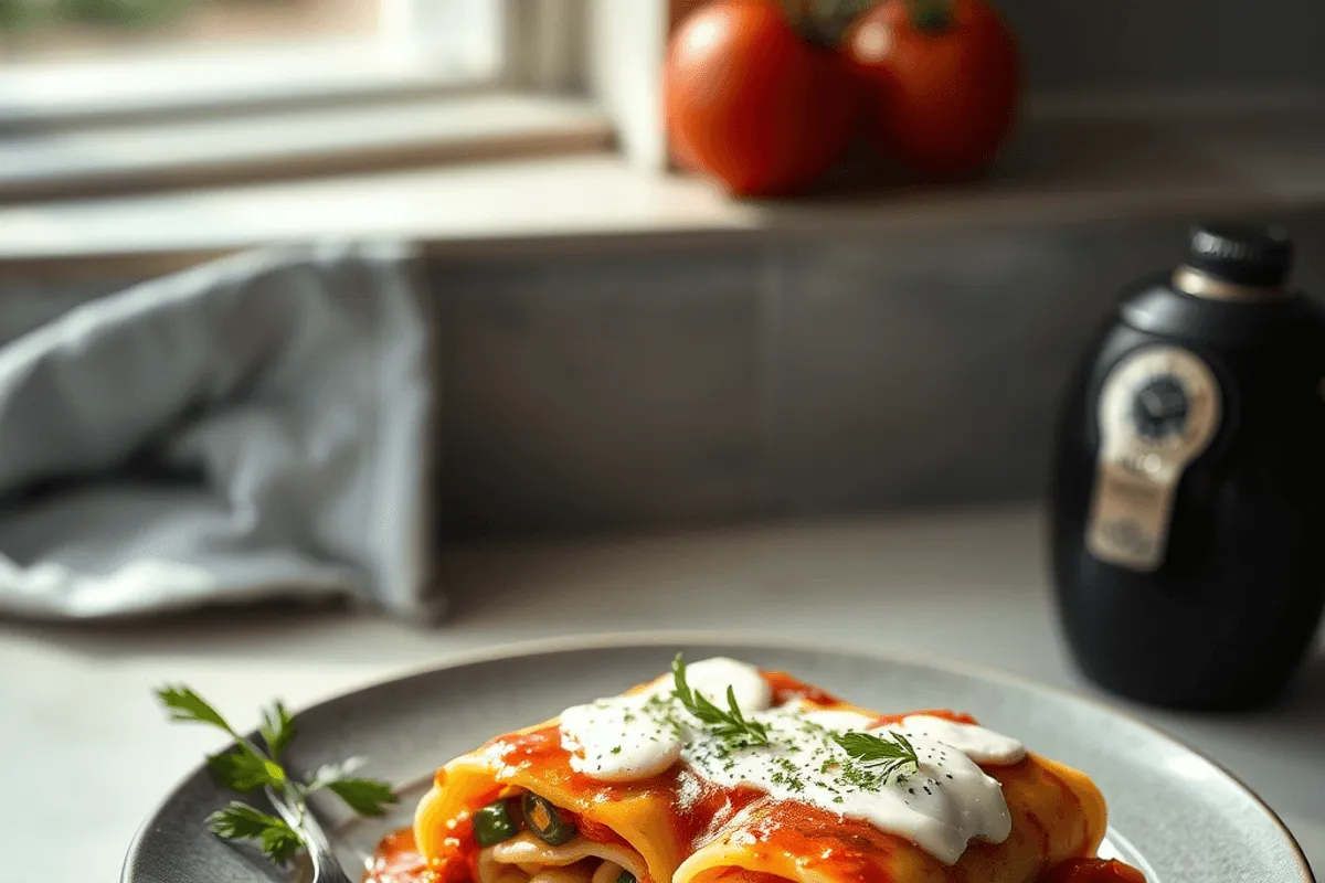 Bandeja de cannelloni al horno cubiertos con salsa de tomate roja, una capa blanca cremosa y queso mozzarella dorado y burbujeante.