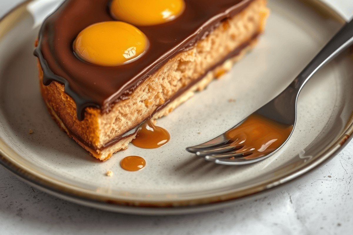 Boterkoek recién horneado, dorado y cortado en porciones, con capa visible de dulce de leche y chocolate