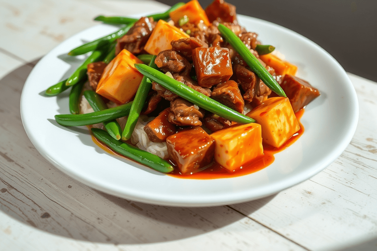 Plato de Mapo Tofu con cubos de tofu bañados en salsa roja brillante, espolvoreado con cebolleta verde y pimienta de Sichuan.