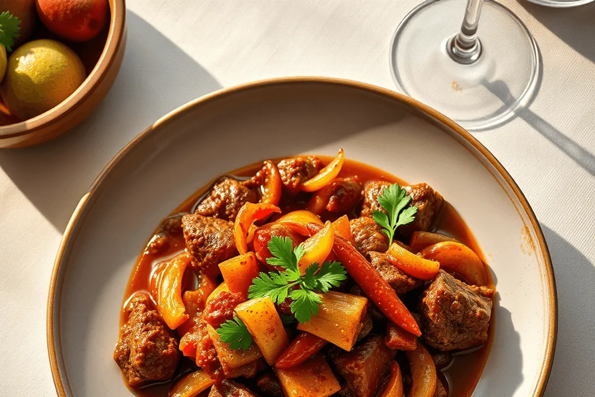 Ternera guisada en cazuela de barro con alubias y salsa oscura, servida caliente.