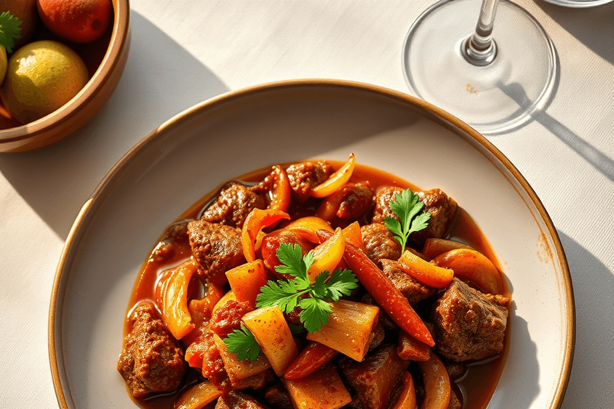 Ternera guisada en cazuela de barro con alubias y salsa oscura, servida caliente.