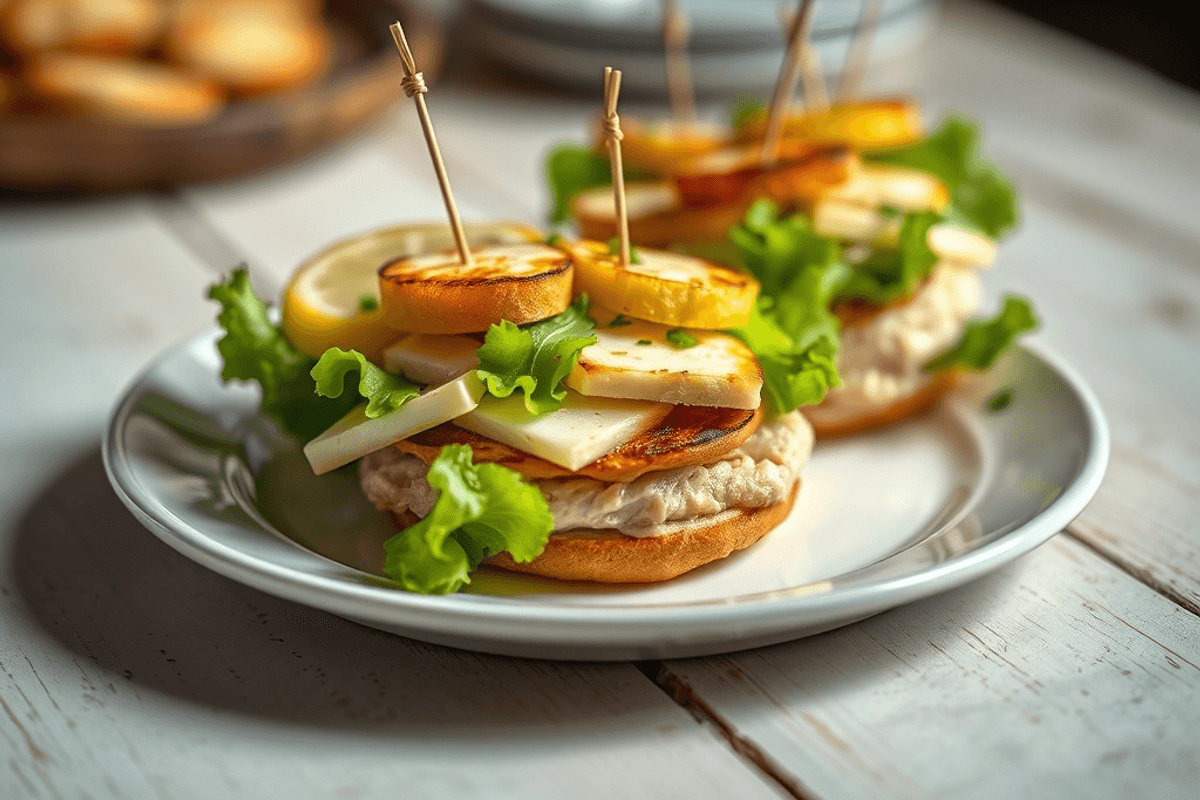 Hamburguesa abierta mostrando pollo glaseado, queso halloumi dorado y ensalada de col fresca