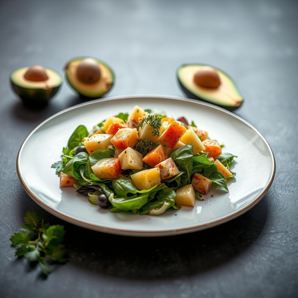 Ensalada de salmón y aguacate servida en plato blanco, con vinagreta brillante y hojas de menta fresca