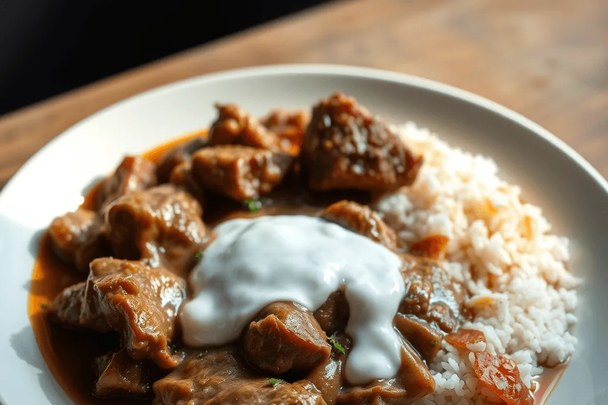 Plato de Mastawa de cordero y arroz servido en un bol, con textura cremosa y visible trozos de carne y especias.