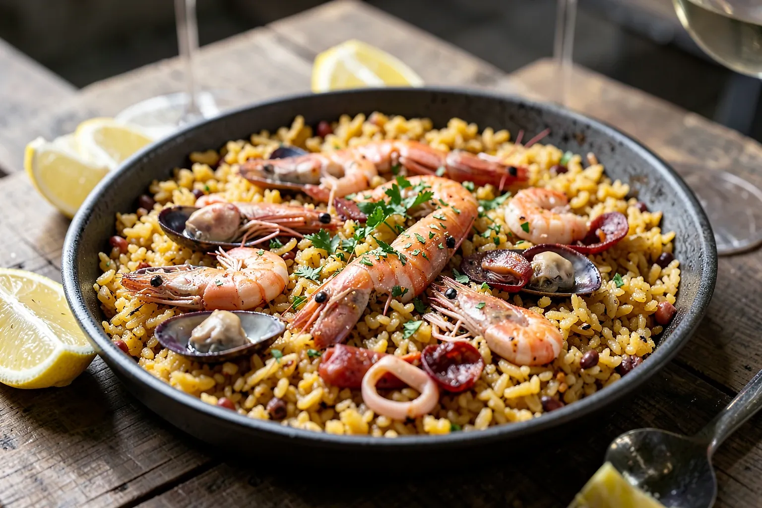 Paella de marisco y chorizo en una paellera con arroz dorado y socarrat