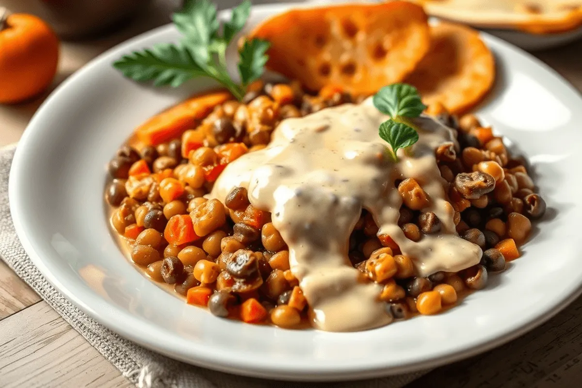 Lasaña vegana horneada con capas de pasta, ragú de lentejas y bechamel dorada