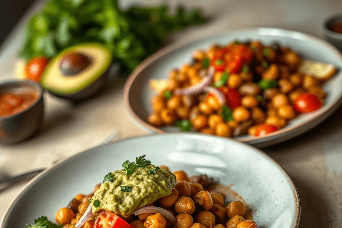 Fajitas de garbanzos crujientes con guacamole, salsa de harissa y verduras encurtidas