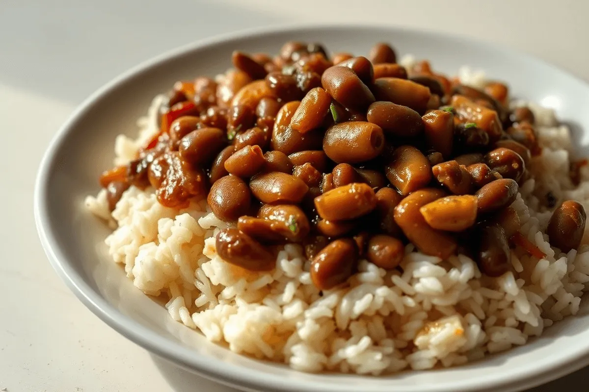 Cuenco con arroz blanco esponjoso mezclado con alubias rojas y trozos de cebolla, decorado con un poco de cebolleta fresca.