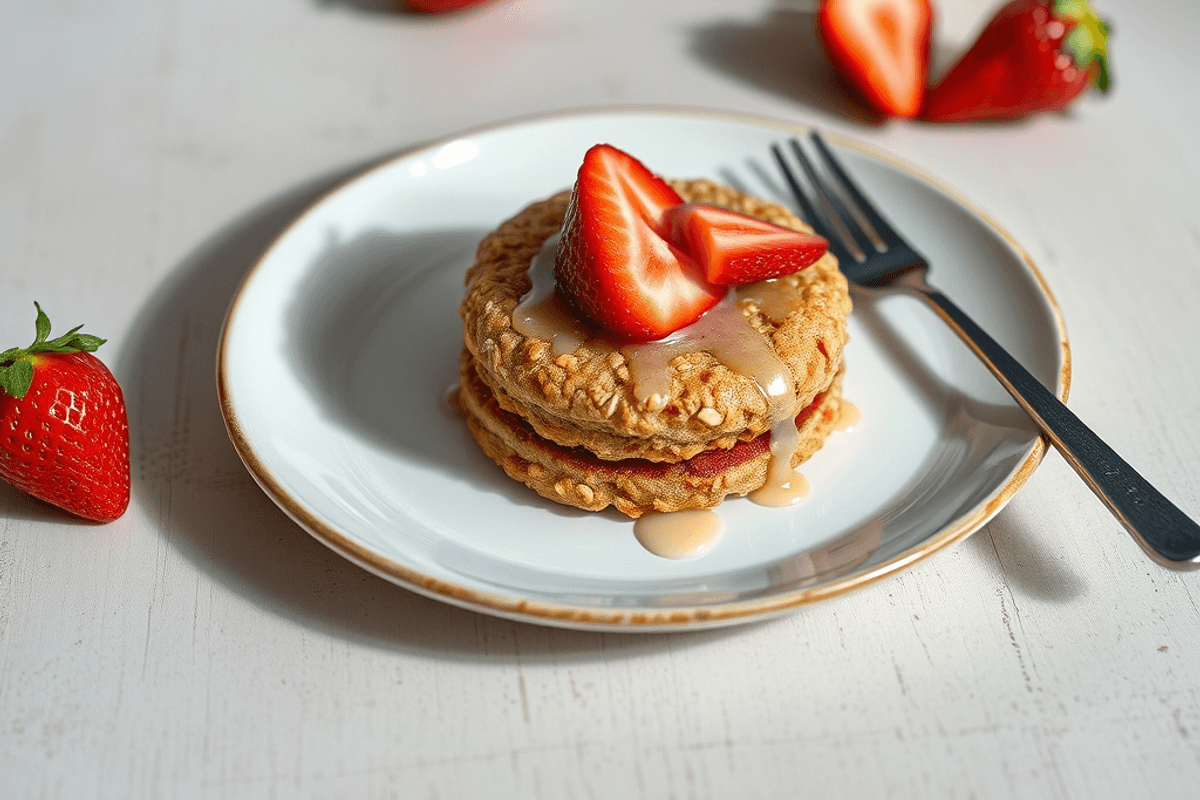 Tortitas de avena apiladas con fresas frescas y sirope encima