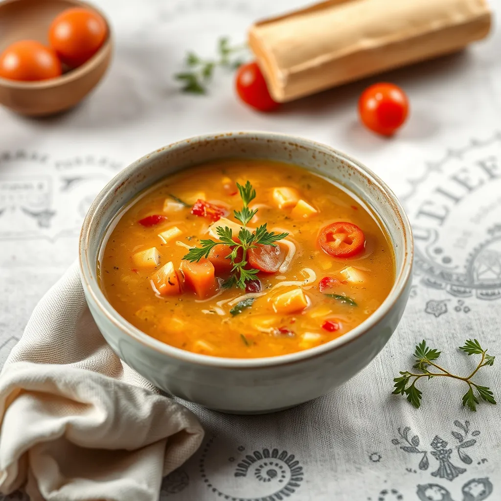 Sopa de setas con alforfón servida en cuenco, con perejil fresco y un chorrito de nata agria