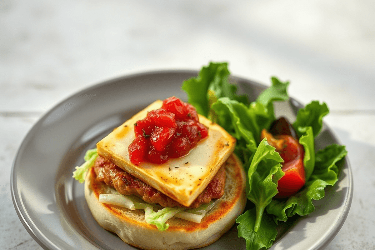 Hamburguesa de pollo y halloumi con salsa picante y ensalada de repollo