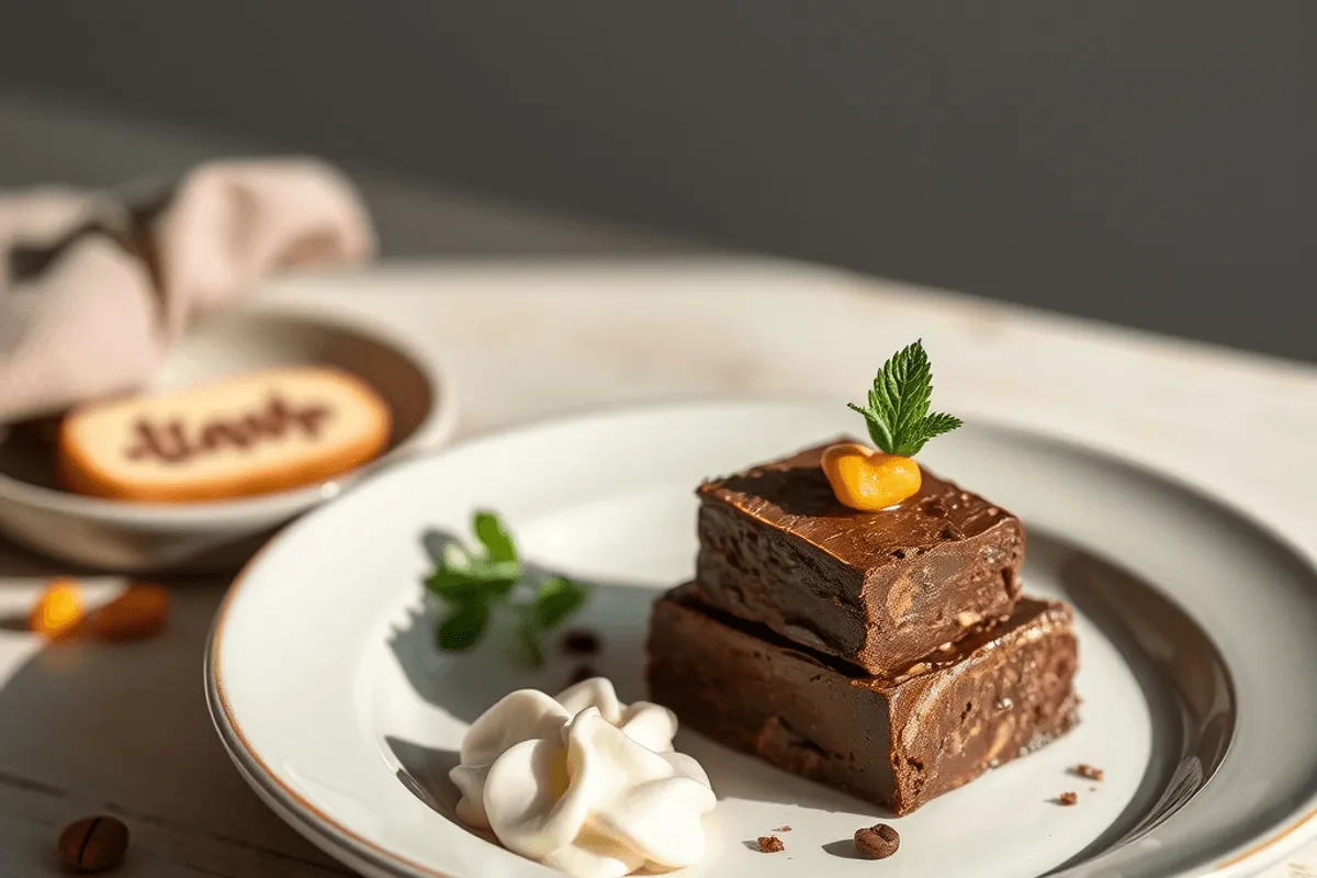 Fudge de chocolate caliente con capas de chocolate negro y blanco, coronado con malvaviscos miniatura, cortado en cuadrados sobre una tabla de madera.