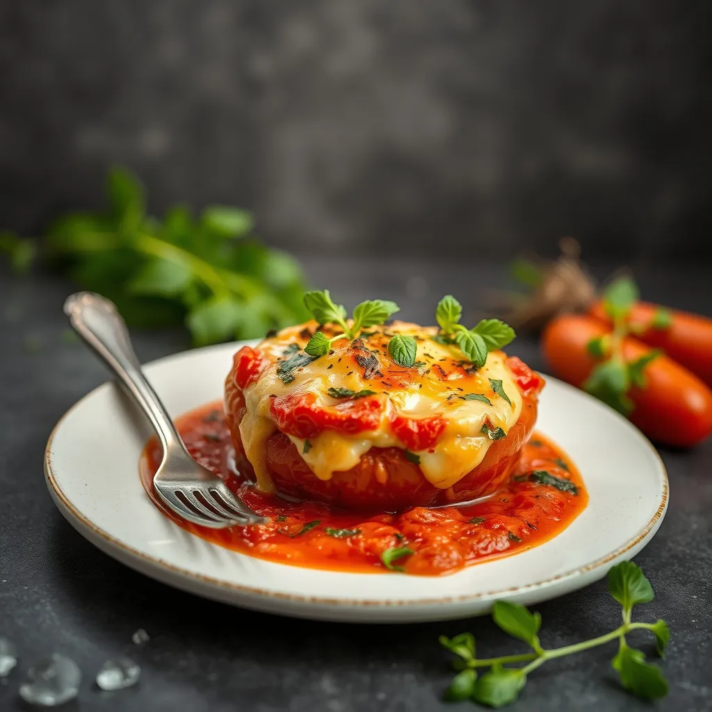 Tomates rellenos de cordero y arroz, horneados y servidos con hierbas frescas y pan crujiente