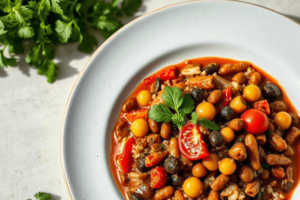 Chilli vegetariano en una fuente de horno con verduras y alubias, acompañado de granos mixtos.