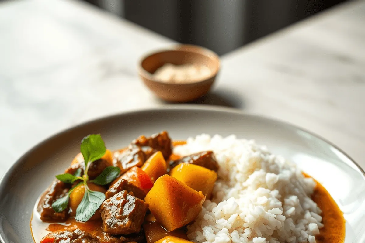 Curry Massaman de ternera servido en cazuela con arroz jazmín y cacahuetes tostados