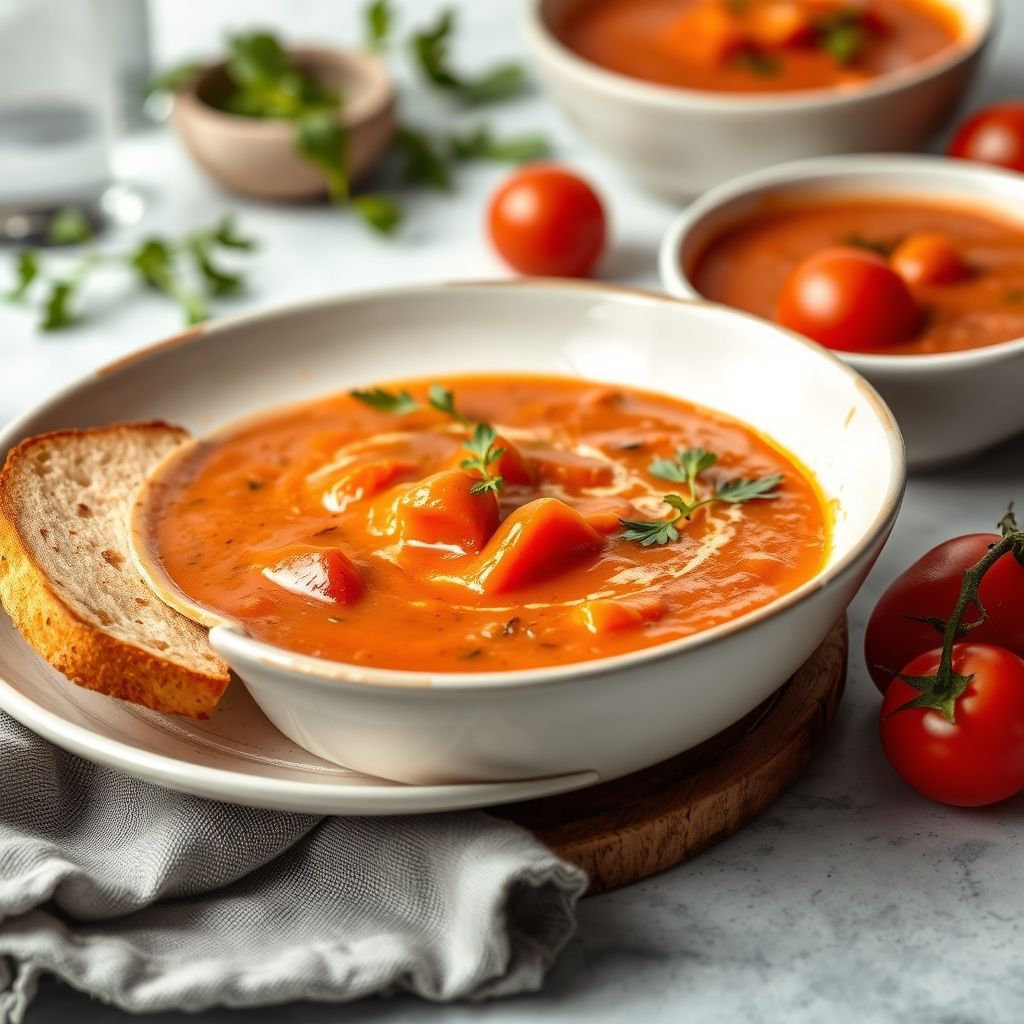 Cuenco de sopa cremosa de tomate con un toque de leche, servido con rollos de salchicha y queso al fondo