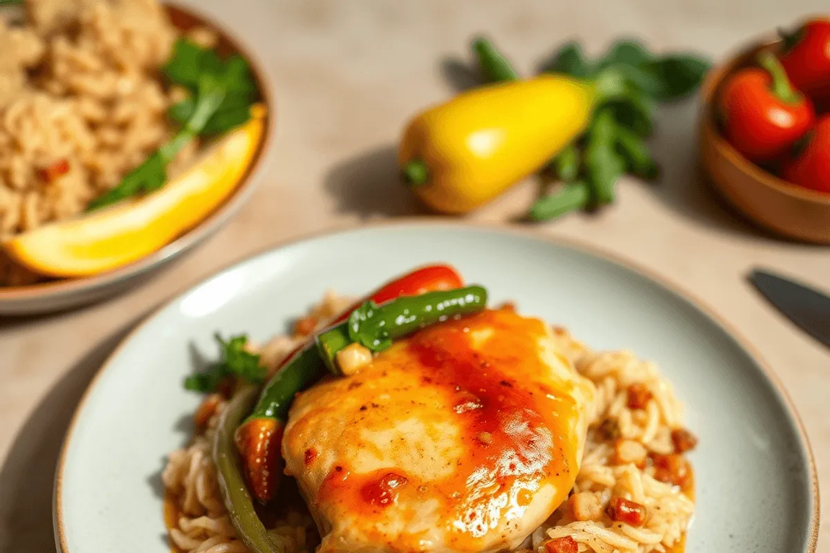 Pollo Basquaise al horno servido en cazuela con arroz, pimientos rojos, aceitunas negras y gajos de limón.