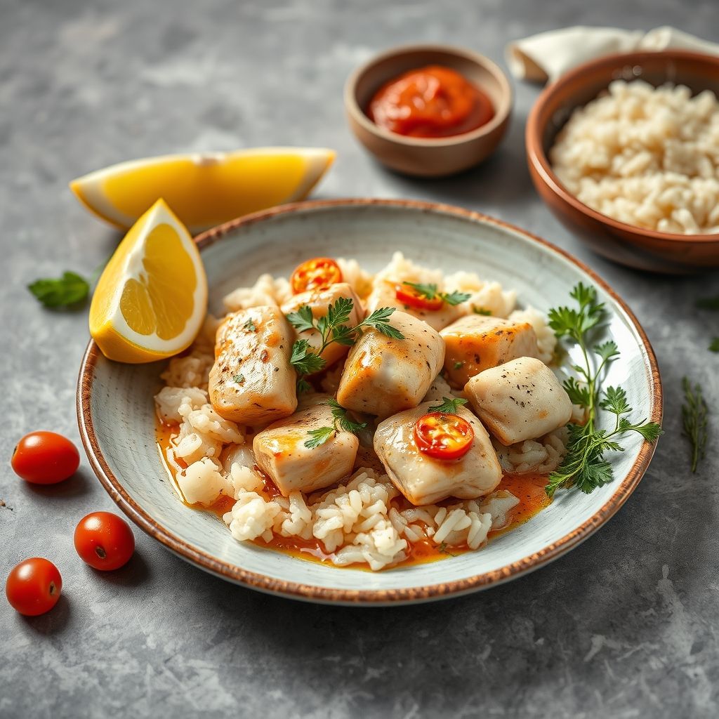 Cuscús con trozos de pollo, garbanzos y albaricoques secos servido en un plato hondo y espolvoreado con cilantro fresco.