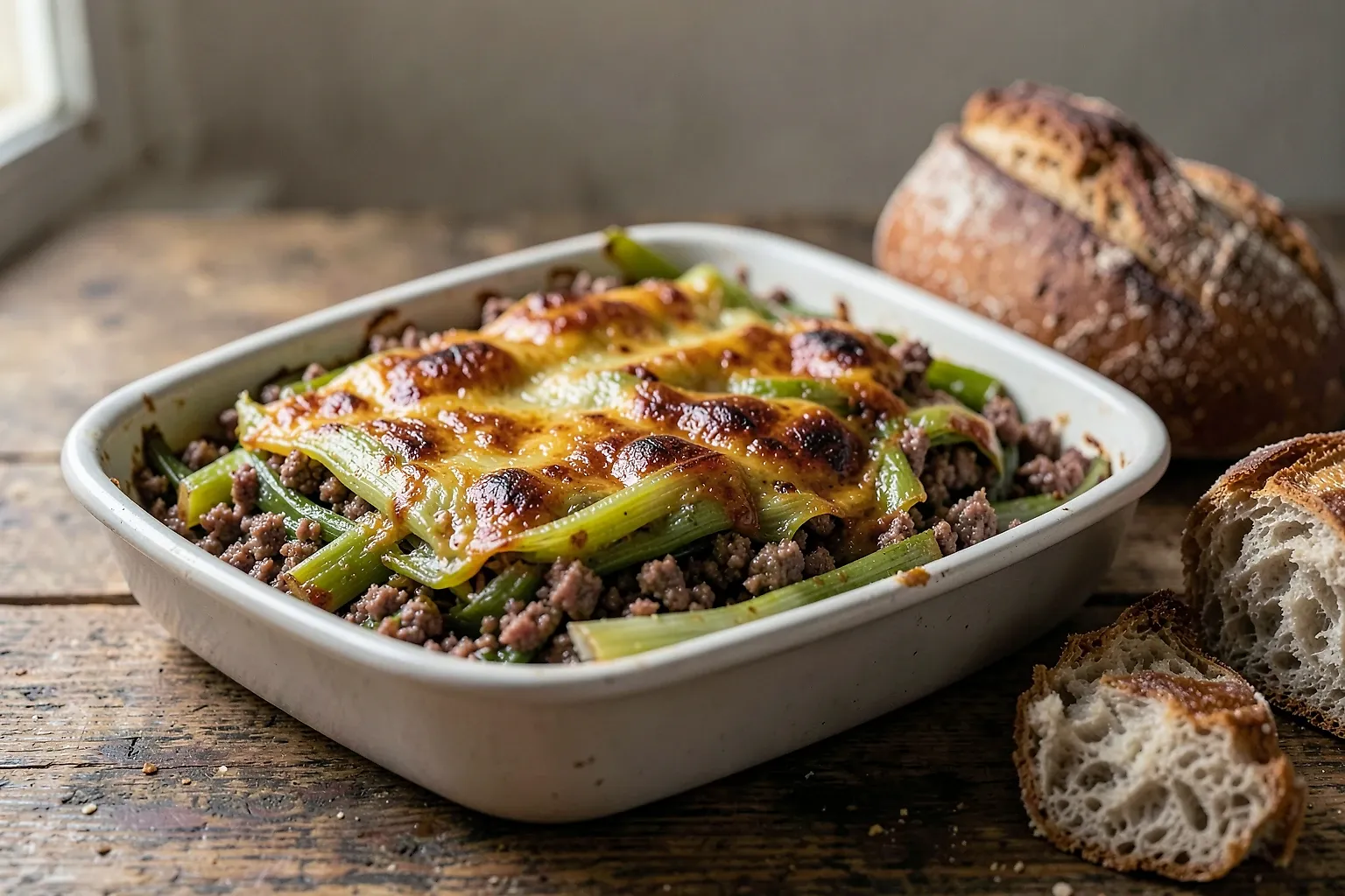 Puerros al horno cubiertos con carne picada y salsa de tomate