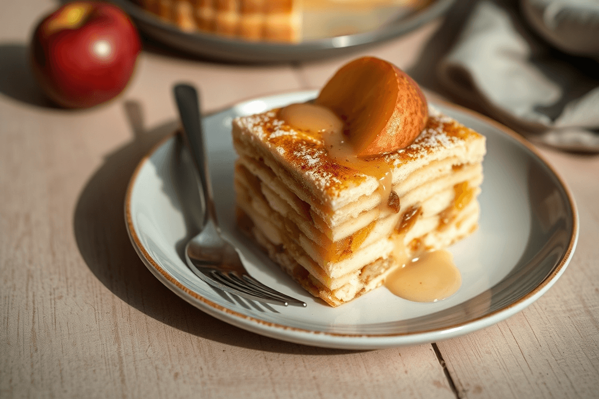 Pastel de manzana holandés dorado con rodajas de manzana en la superficie y espolvoreado con azúcar glass