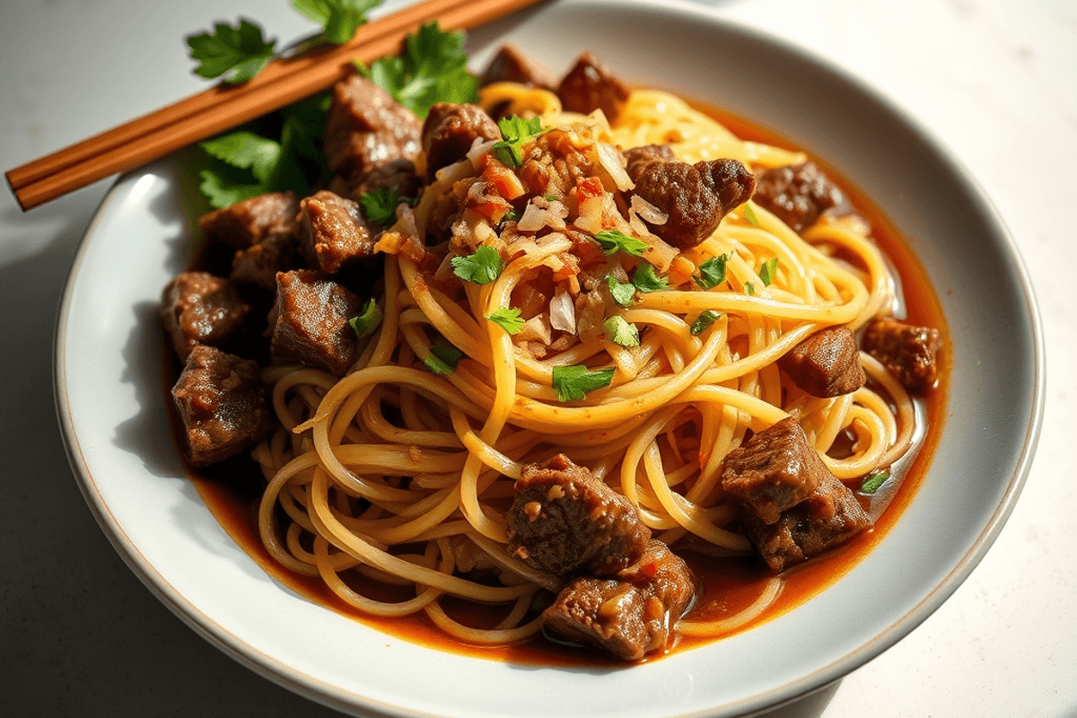 Cuenco de pho vietnamita con fideos de arroz, ternera fina, hierbas frescas y lima
